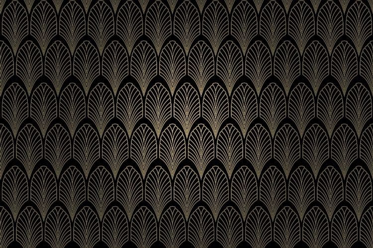 A black and gold art deco pattern Description automatically generated