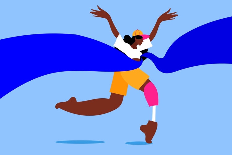 A cartoon of a person running with a blue cape Description automatically generated