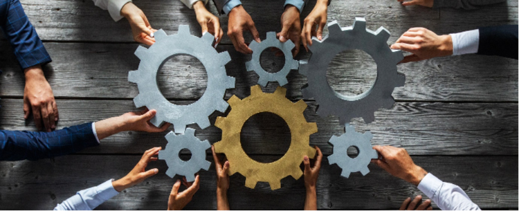 Photo of the hands of a group of business people holding different gears or cogs in the concept of how different components of a business operate together.