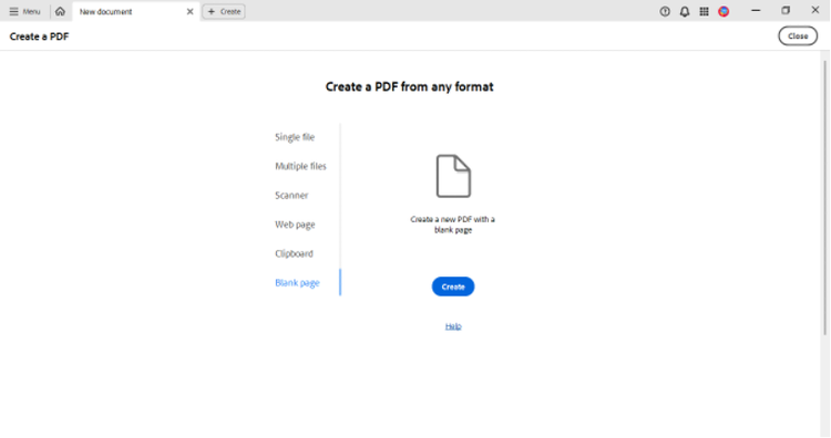 Screenshot of Adobe Acrobat Pro of the screen to create a PDF from a blank page.