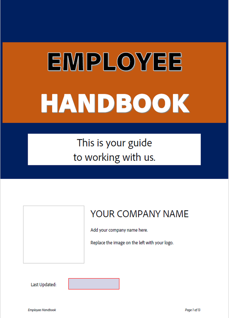 Screenshot of the cover page of the free Adobe Acrobat Employee Handbook PDF Template.