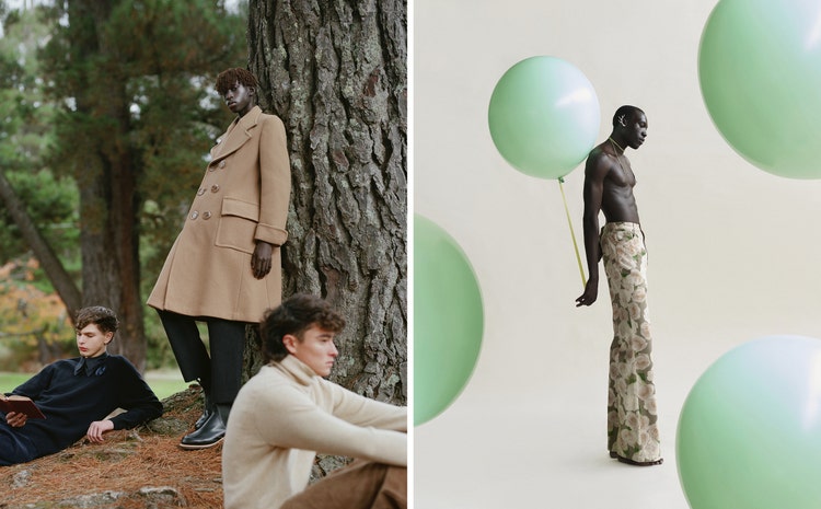 3 fashion models in the forest | Fashion photography of a model surrounded by green balloons