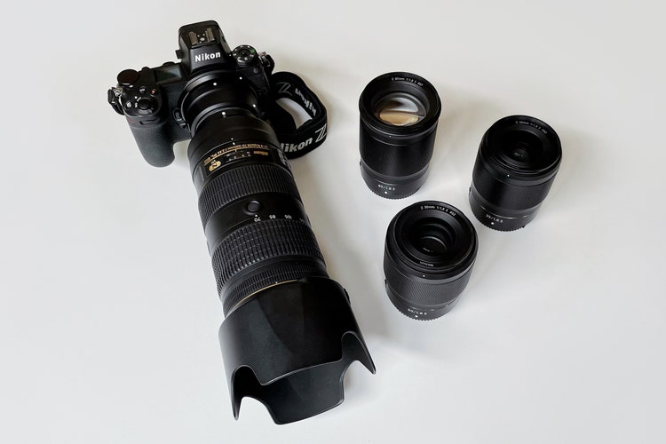 From left to right, Nikon Z 6 with Nikkor Z 70-200 mm, Z 85 mm, Nikkor Z 50 mm & Nikkor Z 35 mm lens.