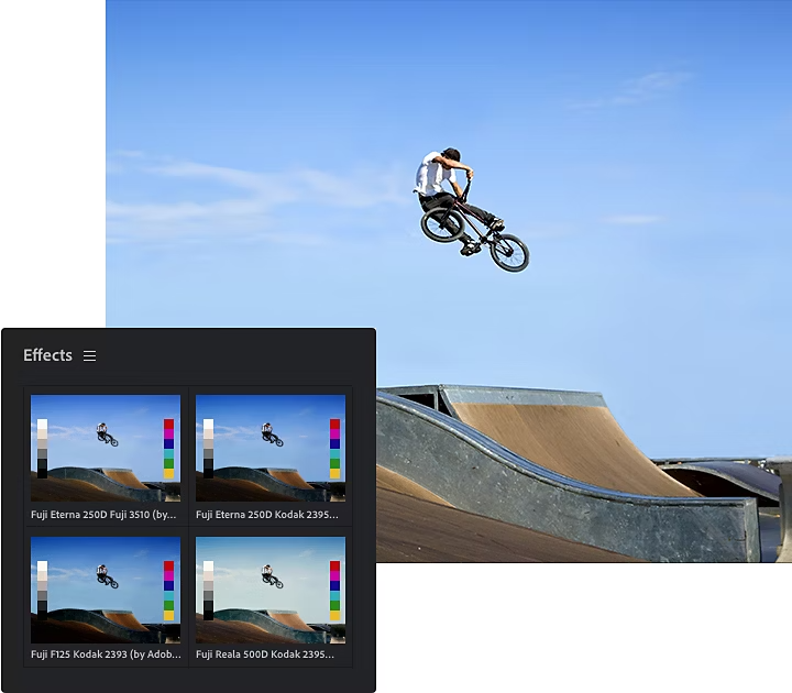 A photo of a BMX biker doing a trick in the air and the Adobe Premiere Pro Effects tool window superimposed over it