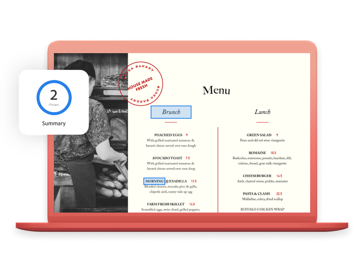 Màn hình hiển thị một tài liệu PDF với một Menu, có một phần tóm tắt bật lên ở góc trên bên trái cho thấy công cụ so sánh đã tìm thấy 2 thay đổi