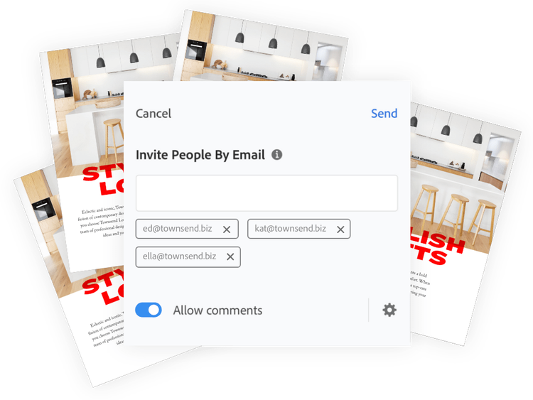 Multiple versions of the same PDF document fanned behind a pop up message showing the option to invite people by email; three email addresses have been added and "Allow comments" is toggled