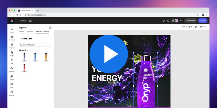 https://main--cc--adobecom.hlx.page/cc-shared/fragments/modals/videos/business/enterprise/uc5#uc5 | A video thumbnail image showing the Adobe Express UI with an image of a purple Dryp energy drink bottle against a background of purple liquid swirls. To the left of the canvas the Brands & Libraries tab is open in the Replace menu and there are four additional Dryp bottle graphics in different colours. | :play: