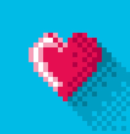 Pixel art of a pink heart against a blue background.