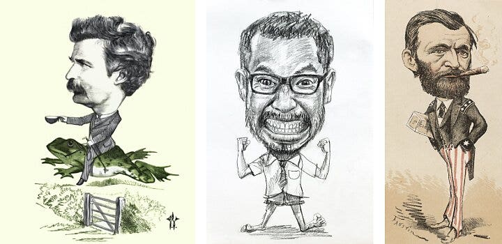 Three separate caricature drawings side by side